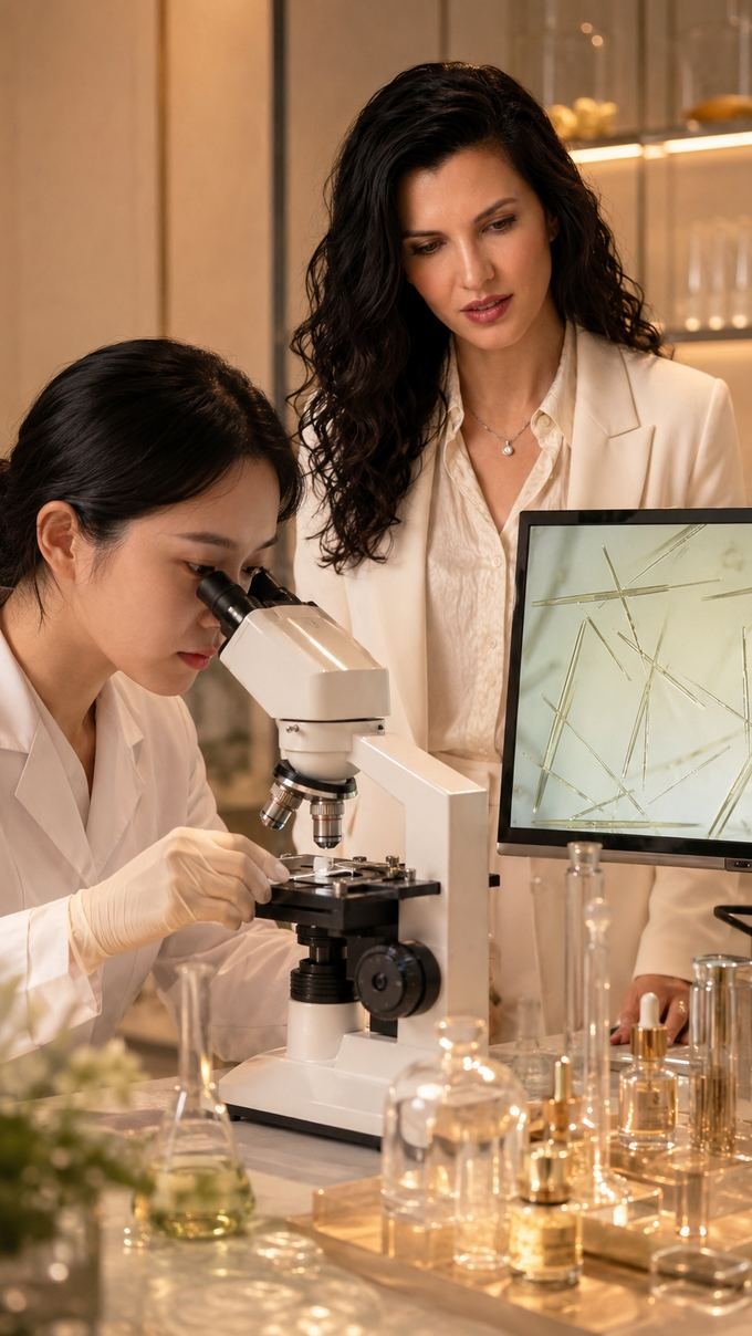 Scientists examining spicules under a microscope