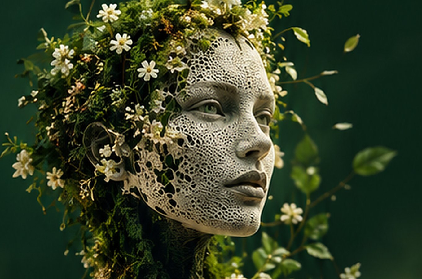 Sculptural face with botanical leaves and flowers (illustrative render)